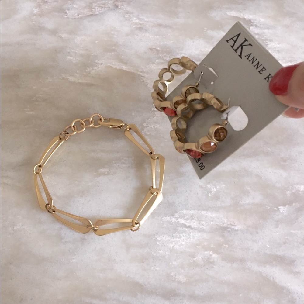 NWT Anne Klein Satin Matte Gold Bracelet & Hoop Earrings Set